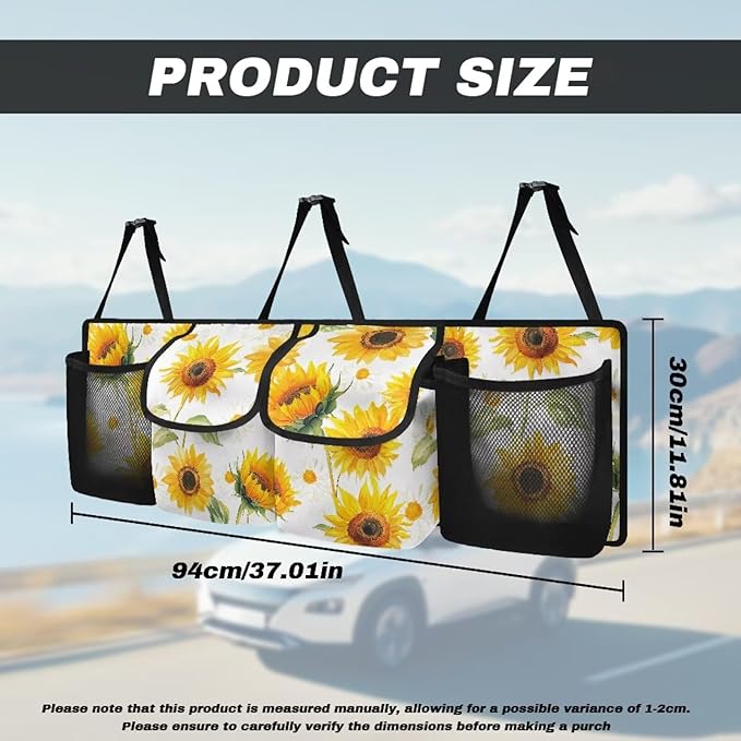 Sunflower Hanging Trunk Organizer for SUV Back Seat Organizer with Elastic Net Collapsible Cargo Storage Bag Car Interior Accessories