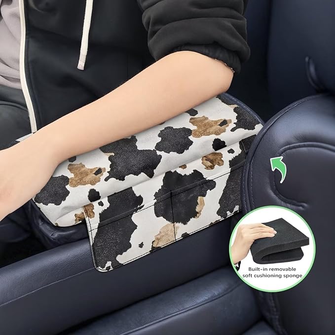 Tupalatus Cow Print Car Center Console Cover with 2 Storage Bags Auto Armrest Cover Protector Washable Car Accessories Decor Water-Resistant Universal Fit for SUV Truck Sedan Van
