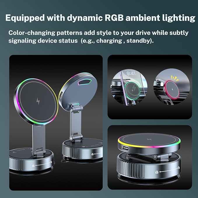 15W Fast for MagSafe Car Mount Charger with Breathing RGB Light, 360 Adjustable Vacuum Magnetic Phone Holder for Your Car Dash, Nano Gel Suction Cup Phone Mount for iPhone 12-17 Pro Max