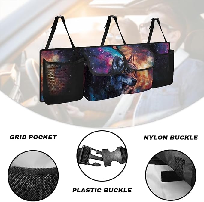 Wolf Galaxy Car Trunk Organizer with 4 Pockets Hanging Car Backseat Storage Bag Multipurpose Adjustable Car Interior Accessories for SUV Pickup Truck Van