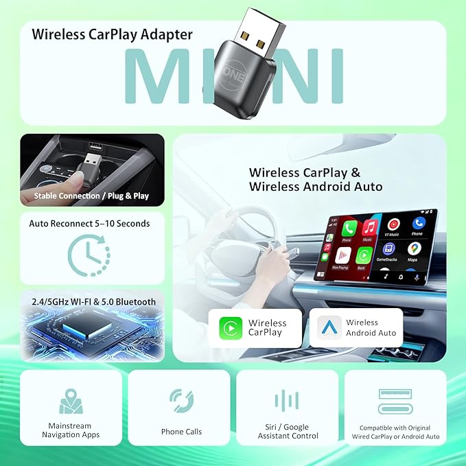 OneCarStereo Mini Wireless CarPlay Android Auto Adapter, Plug & Play, 2026 Upgrade, Convert Wired CarPlay to Wireless for iOS 10+, Fast Stable 5.8GHz Wi-Fi USB Car Play Dongle