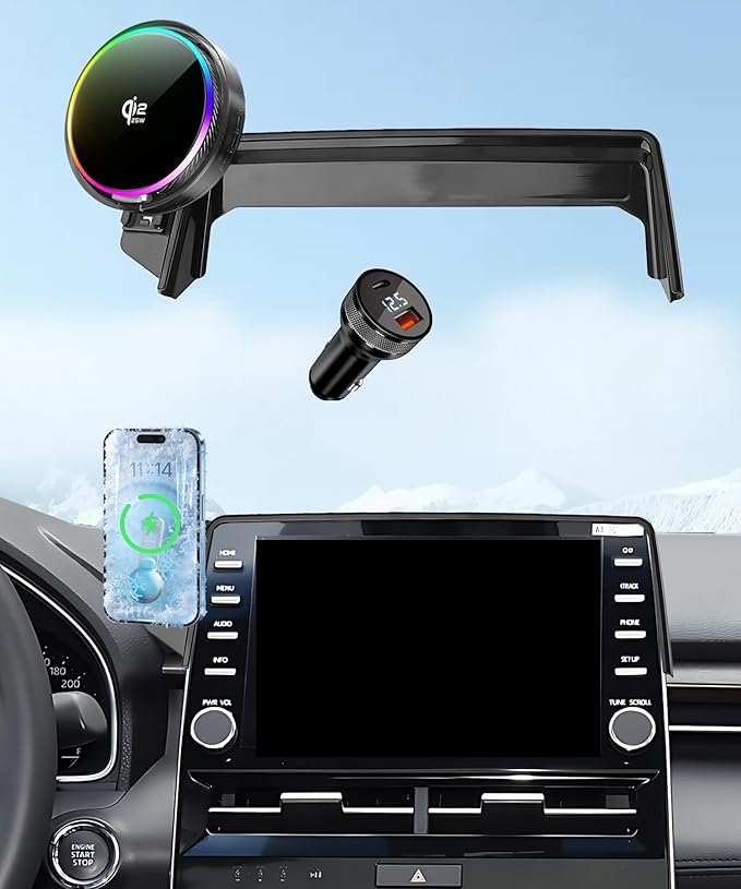 Qi2.2 25W Magnetic Car Mount Charger for Toyota Avalon 2019 2020 2021 2022 Accessories, for Fast Charging Cell Phone Holder 9 Inch Screen Fixed Clip with Cooling Fan＆54W Fast Adapter