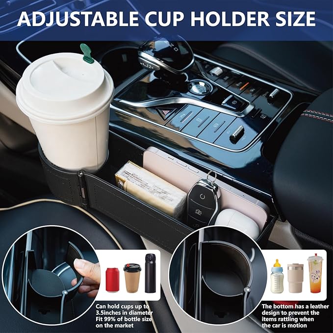 Car Seat Gap Filler Organizer,2 Pack Car Leather Cup Holder Gap Bag,Car Seat Storage Box with Cup Holder Expander,Car Organizer Front Seat for Holding Phone, Glasses, Keys, Cards (Black)