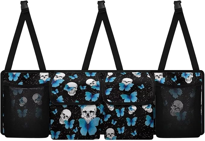 Skull Butterfly Car Trunk Organizer Foldable Auto Backseat Storage Bag with 4 Pockets Hanging Auto Accessories Suitable Most Sedans SUVs Trucks Vans