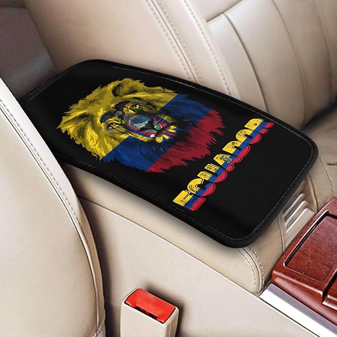 Vintage Ecuador Ecuadoran Flag Lion Head Auto Center Console Armrest Cover Car Handrail Box Cushion Pad Mat Universal Fit Most Vehicle Sedan Truck SUV Soft Comfort Decor Accessories