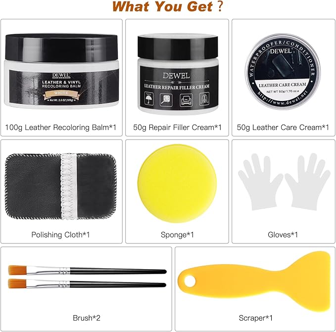 White Leather Recoloring Balm, With Leather Filler and beeswax, Leather Repair Kit for Furniture & car interior, Leather Color Restorer, Leather conditioner for Couches, furniture salve for leather