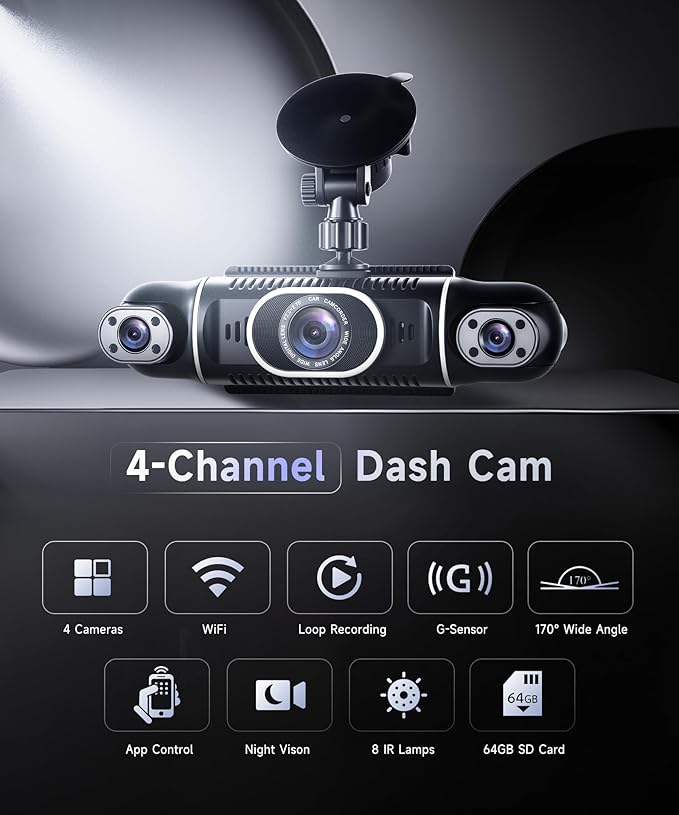 360° Dash Cam Front/Rear/Inside/Side 4-Channel Dash Camera FHD 2K+1080P×3 Car Dash Cam with WiFi, APP Control, 64GB SD Card Included, 8 IR Night Vision, G-Sensor, 24/7 Parking Mode