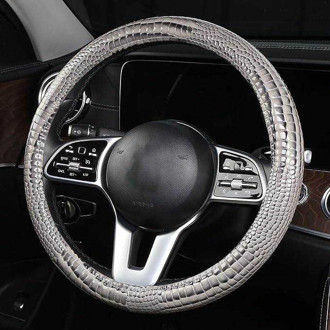 Luxury Crocodile Texture Glossy Leather Car Steering Wheel Cover, New Universal 15 Inch Vehicle Steering Wheel Cover for Cars, Trucks, Suvs, Pickups Interior Accessories (Gray)