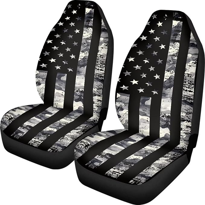 ELEQIN Squirrel Front Car Seat Covers 2pcs, Black Camo US Flag Automotive Seat Covers Car Accessories Universal Size Fit for Most Cars,SUVs&Trucks&Vans