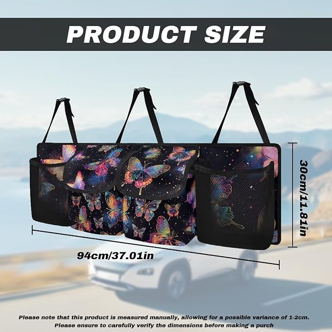Colorful Butterfly Car Trunk Organizer with 4 Storage Bags Hanging Waterproof Car Back Seat Organizer for SUV,Truck,Van Collapsible Cargo Bag