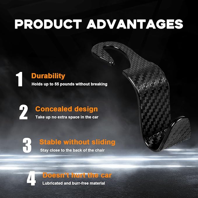 4PCS Car Seat Headrest Hook, Auto Back Seat Hanging Storage Organizer, Vehicle Seatback Hanger Holder for Purse Handbag Coat Umbrella, Universal Interior Car Accessories (Carbon Fibre Black)