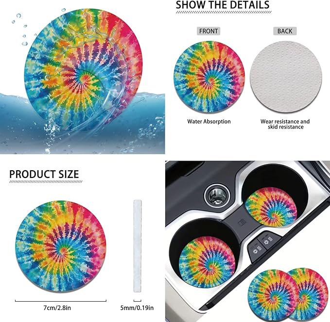 Blue Tie Dye 6pcs Car Interior Accessories Protector Set Car Steering Wheel Cover for Women Cup Coaster Handbrake Gear Cover Suit for Most Cars Truck Vans SUV