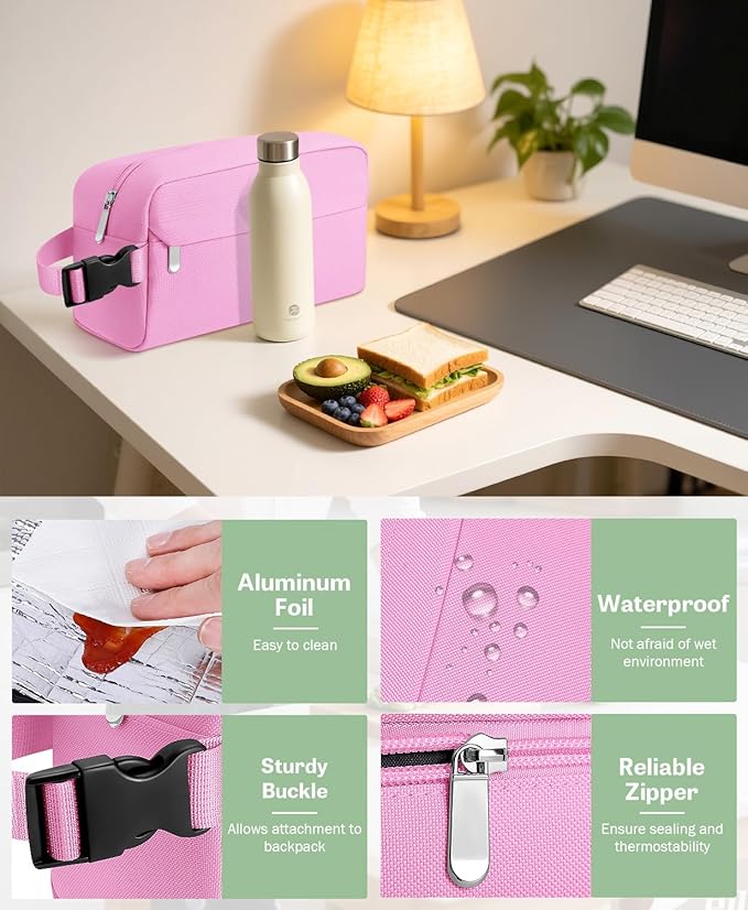 Small Insulated Snack Bag Lunch Bag for Kids Lunch Box for Women/Men, Collapsible [3L/5-Can] Reusable Lunch Bag Cooler Bag for Bottle with Handle Buckle for Work/School/Travel,Pink