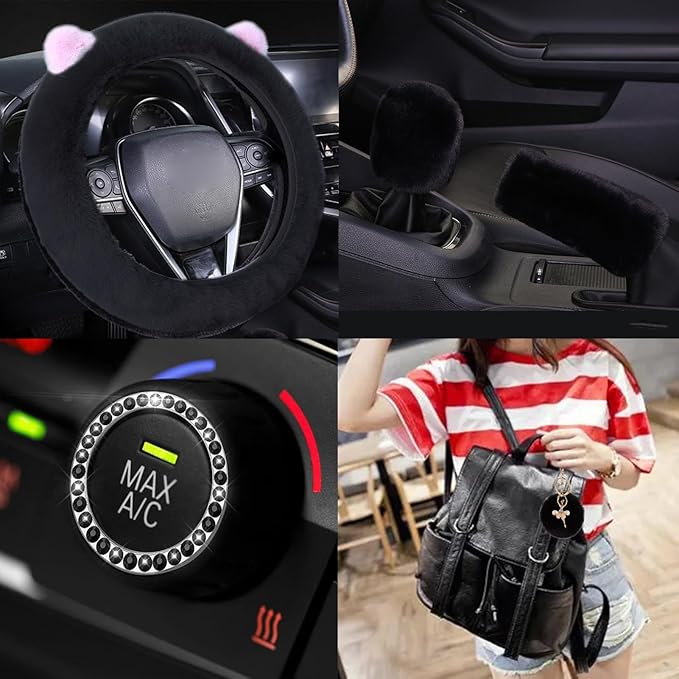 ZYNQACC 9 Pack Cute Bear Fluffy Car Accessories for Women Girls,Kawaii Fuzzy Steering Wheel Cover Universal 15 inch Plush Cute Ears (Black)