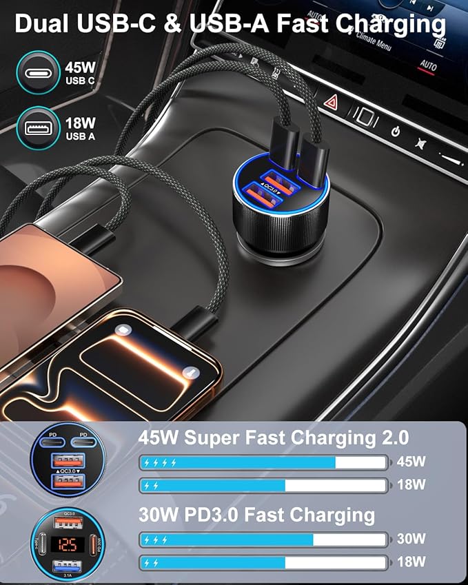 USB C Car Charger, Upgraded 90W 4-Port Dual 12V USB-C & USB-A Car Phone Charger Multiport QC 3.0/PD45W Super Fast Charging Cigarette Lighter Adapter for iPhone 17 16 15 14 Pro Max Galaxy Android