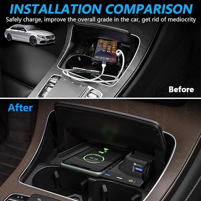 Wireless Car Charger for Mercedes Benz C-Class GLC AMG 2015-2021 C180 C200 C260 C300 C450 GLC 200 GLC 260 GLC 300 C43 C63 GLC43 GLC63, 15W Fast Charging Phone Charger Pad for iPhone Galaxy