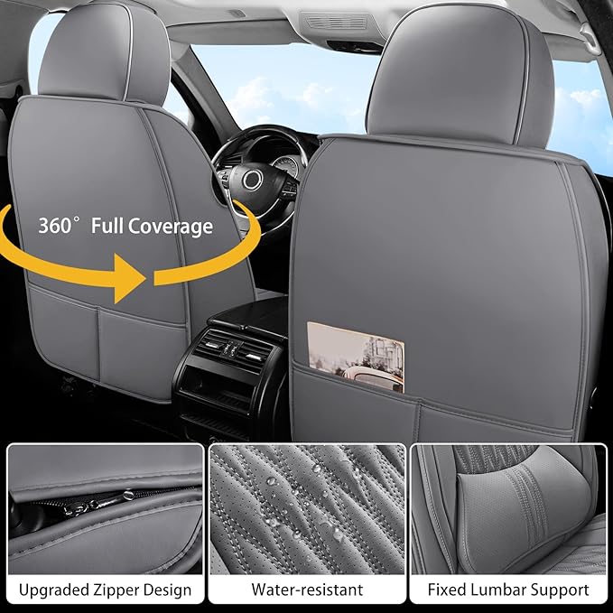 WELLDO Car Seat Covers Full Set, Leather Seat Covers for Car, Waterproof Car Seat Protector with Lumbar Support, Automotive Seat Covers Universal Fit for Most Cars SUV Truck, Gray,w02.
