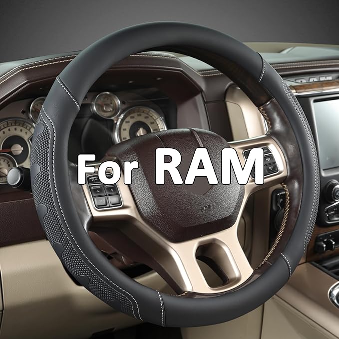 GIANT PANDA Car Steering Wheel Cover for RAM 1500 2500 3500, Compatible with Dodge RAM 15.5-16 inches - Black+Gray Line