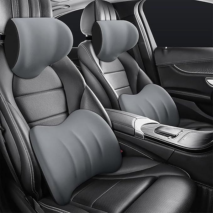 Car Headrest & Lumbar Support Cushion for Toyota RAV4 2012-2024, Ergonomic Car Seat Headrest Memory Foam Neck and Back Pillow Kit Breathable Removable for Driving Fatigue Relief,B/Gray