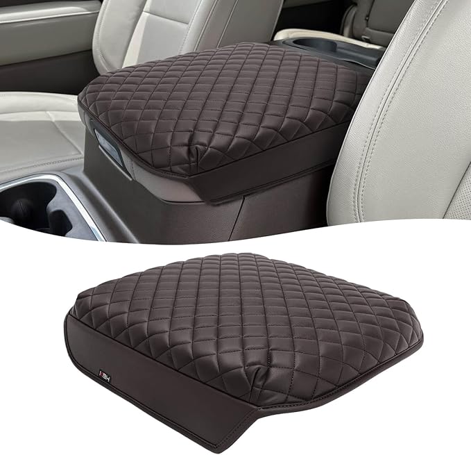 KBH Center Console Armrest Cover for Chevy Silverado & GMC Sierra 2019-2026, Tahoe & Suburban & Yukon 2021-2026, Bucket Seat, Vinyl Leather Trim, Anti-Scratch, Brownstone