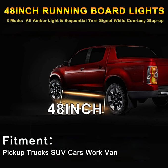 Truck LED Running Board Lights Amber Side Marker Kit, White Courtesy Lights Extended Crew Cab 2pc 48Inch 144 Led Bar Bed Light Switchback Underglow Strip for Pickup Trucks SUV Car Work (48Inch Board)