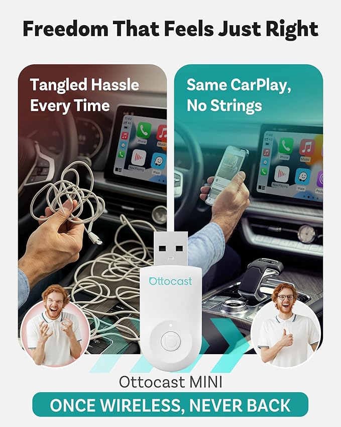 OTTOCAST Mini 2025 Wireless CarPlay & Android Auto 2-in-1 Adapter, Plug & Play, 5GHz WiFi, Auto Connect for iPhone & Android, Fits 98%+ OEM Wired CarPlay Cars