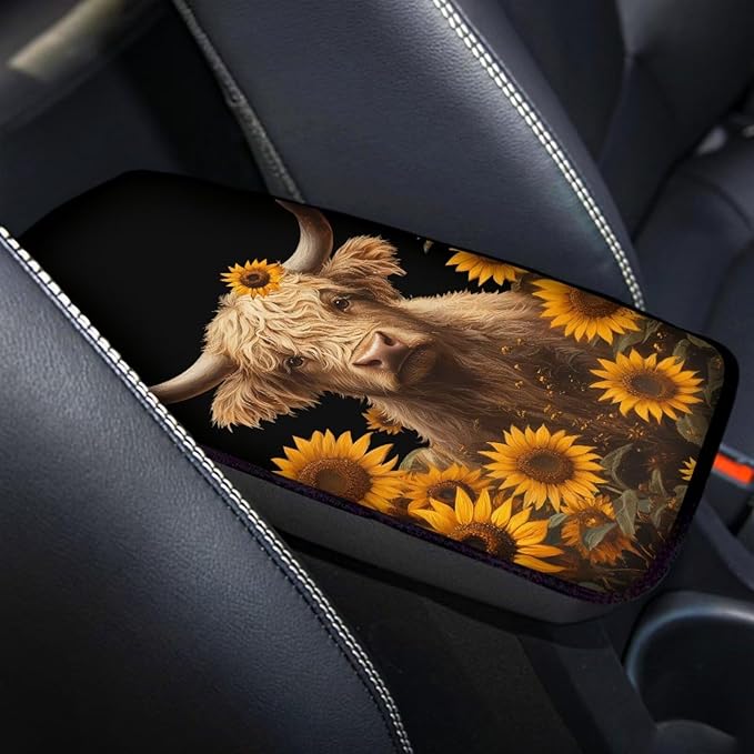 Highland Cow Print Car Center Console Pad Sunflower Print Armrest Seat Box Cover Protector for Auto Interior Decor Dust-Proof Universal Neoprene Armrest Pad
