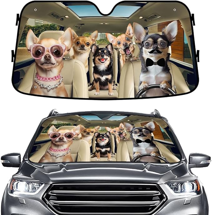GENANY Chihuahua Dog Family Funny Windshield Sun Shade for Car SUV Truck (55x30 Inches), Sun Shade Windshield, Shades for Front Windows, Sunshade for Car Windshield, Spring Car Decor