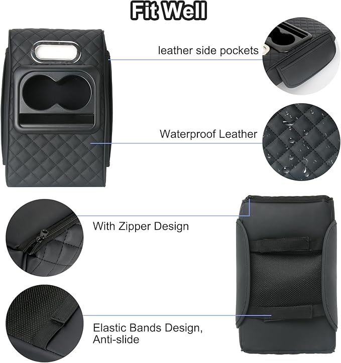 Car Armrest Cushion,5-in-1 Center Console Cover with 2 Storage Bags Cup Holder, Tissue Box Slot, Phone Slot for Sedans, Car Accessories Interior Organizers