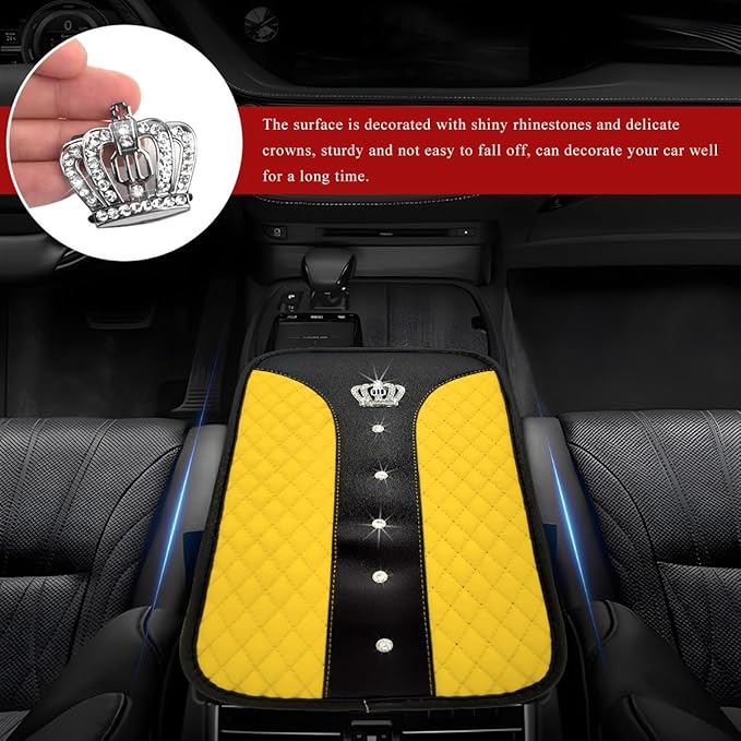 Bling Leather Car Center Console Cover, Anti-Slip Crown Armrest Seat Box Cushion Pad with Rhinestones, Waterproof Crystal Arm Rest Protector Interior Decor for Most Vehicles (Yellow)