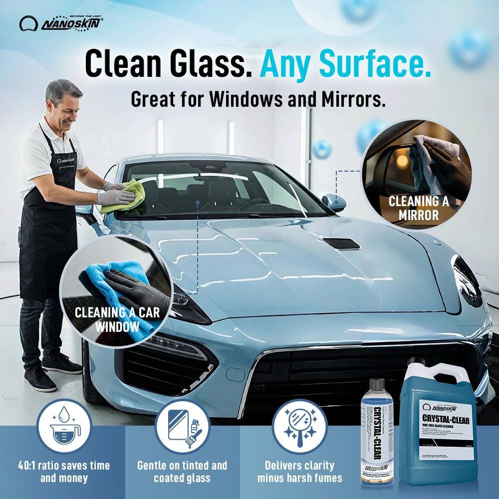Nanoskin CRYSTAL-CLEAR VOC-Free Glass Cleaner 1 Gallon - Ultra-Concentrated, Eco-Friendly, Streak-Free Finish | Versatile Use for 40:1 Dilution | Perfectly Safe for Auto, Home, Garage & Beyond