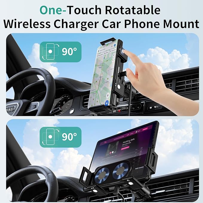 Wireless Car Charger Mount, 15W Dual Coil One-Touch Rotatable Car Phone Holder Wireless Charger for Samsung Galaxy Z Fold 7/6/5/4/3/2, Z Flip, S25/S24/S23/S22, iPhone, Car Charger Included