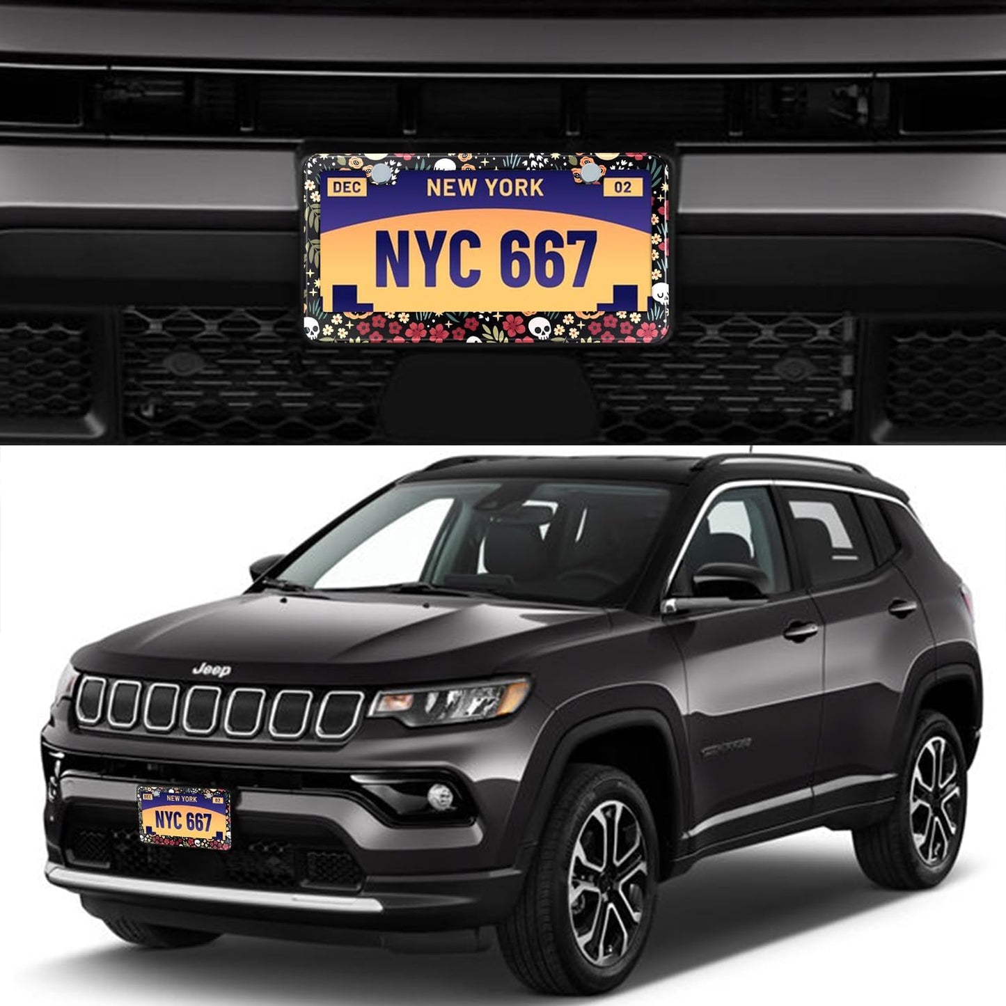 Halloween Ghost Skull Floral License Plate Frame Colorful Flowers Stainless Steel Steel License Plate Holder Auto Parts Decoration with Screws License Plate Holder 12x6 Inch Car Accessories