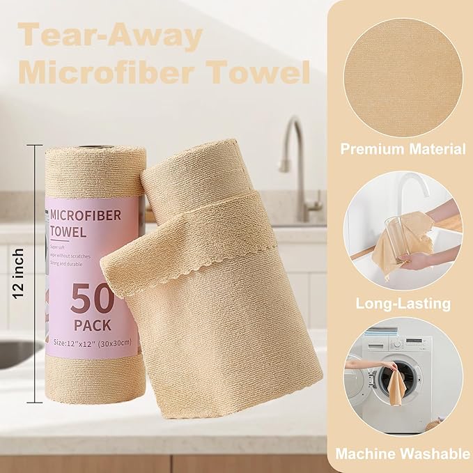 Jessy Home 2 Roll Reusable Paper Towels,100 Sheets Tear Away Microfiber Cleaning Cloth, Lint Free Cleaning Rags for Kitchen, Dishcloth,Household Cleaning Supplies