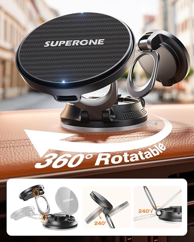 SUPERONE for MagSafe Car Mount Charger, 15W Fast Charging Magnetic Wireless Car Charger [88+LBS Ultra Suction & 2800gf Strong Magnetic] 360° Vacuum Magnetic Phone Holder for iPhone
