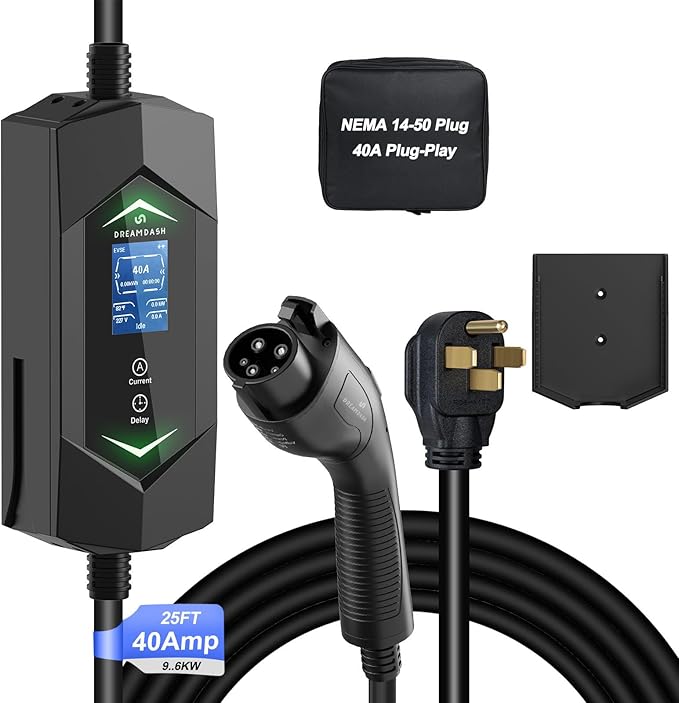 Level 2 Ev Charger for SAE J1772(Plug-Play),40A Fast Charging,220V-240V NEMA 14-50P Plug,25ft Cable ETL Certified,Delay Timer LCD Display,Portable Electric Vehicle Charging Station for Home Level 2
