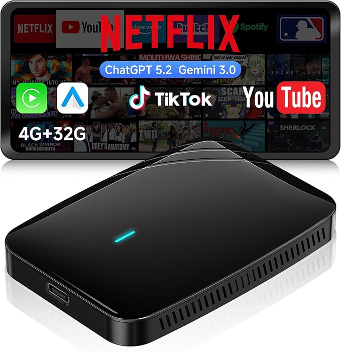 Wireless CarPlay Adapter, Magic AI Box with Dual-WiFi Stability, 4GB+32GB Enjoy Video & Music Apps, Navigation, AI Voice, Plug & Play for Factory Wired CarPlay