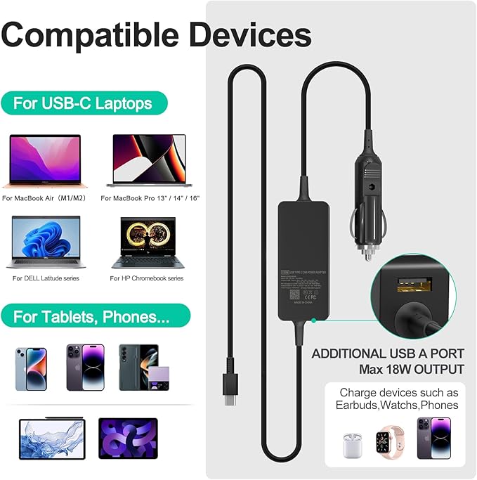 100W Laptop Car Charger USB C Car Charger for Dell Latitude/Precision/XPS, Compatible MacBook Pro/Air,HP Spectre/Elitebook,Samsung Galaxy,Asus,acer,Lenovo ThinkPad/Yoga/Idea Car Laptop Charger