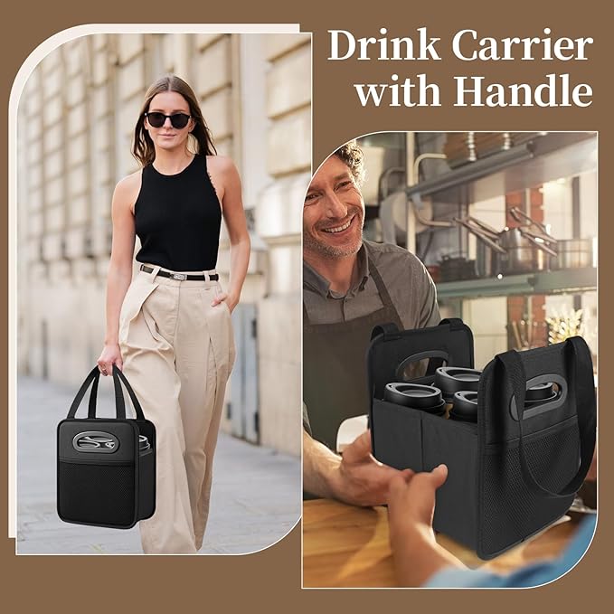 2 Pack Drink Carrier with Handle, Reusable 4 Cup Carriers for Drinks, Portable Foldable Insulated Coffee Cup Drink Holder for Delivery and Caddy