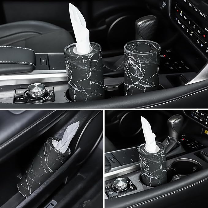 SINGARO Tissue Holder, 4 Pack Car Cup Holder Facial Tissues with Travel Tissue Bag, Quick and Convenient Flower Combination Car Tissue Box(4 Canisters/200 Tissues) Black