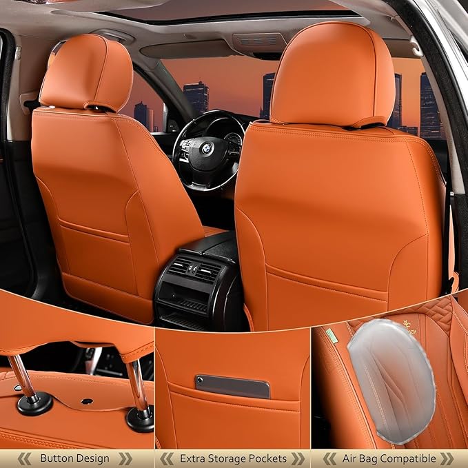 FLORICH Car Seat Covers Full Set Orange Seat Cover Front Seats and Back Leather Seat Covers for Cars Waterproof Car Seat Cushion Universal Car Seat Protector Fit for Most Cars Trucks SUVs