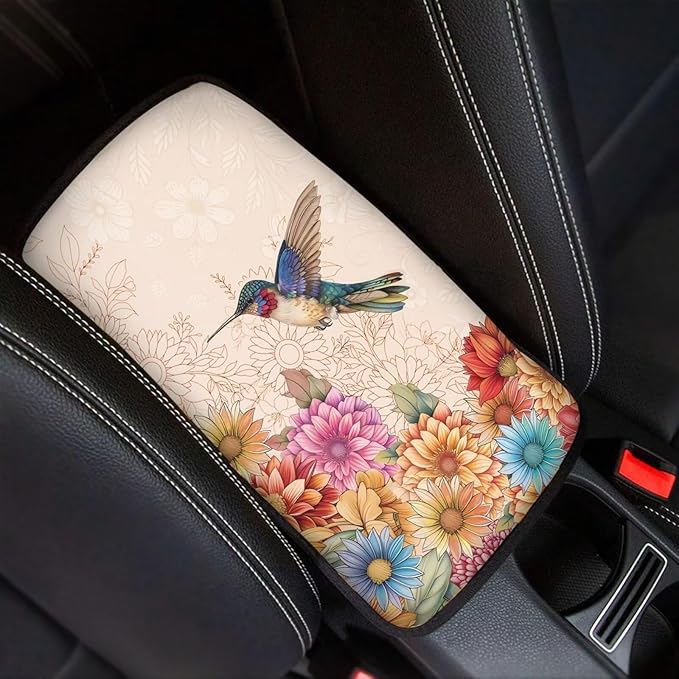 Center Console Armrest Cover Pad for Most Vehicle, Boho Flower Hummingbird Armrest Cushion Protector for SUV, Truck, Car,Universal Fit Car Accessories Interior