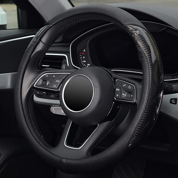 KAFEEK Carbon Fiber Steering Wheel Cover, Universal 15 inch, Anti-Slip, Odorless,Black