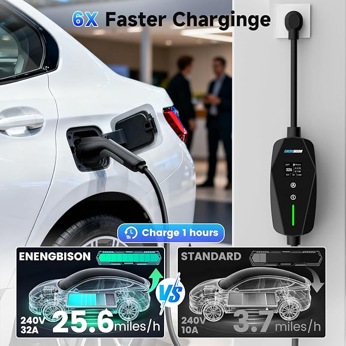 Level 2 EV Charger, 32A/7KW Electric Vehicle Portable Charger with 25FT Cable, Home EV Charging Station, 240V NEMA 14-50 Plug, for All SAE J1772