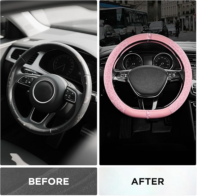 Road Comforts Leopard Steering Wheel Cover - Made with PVC Leather Cheetah Print, D-Shaped Automotive Steering Wheels - Anti-Slip, Universal Fit 14 1/2 inches to 15 inches - Full Pink
