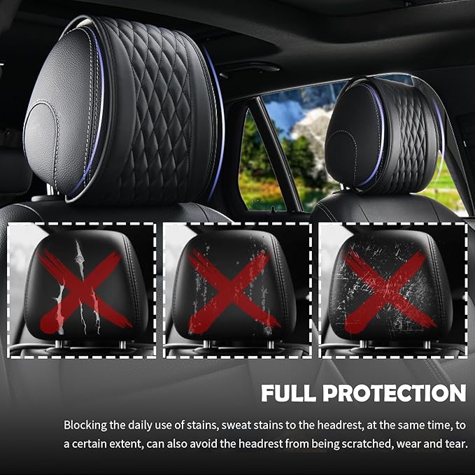 2PCS Leather Headrest Covers for Cars,Multi-Purpose Car Headrest Cover with Storage Bag,Stylish Head Rest Cover for Car as Back Seat Organizer with Diamond Check Pattern
