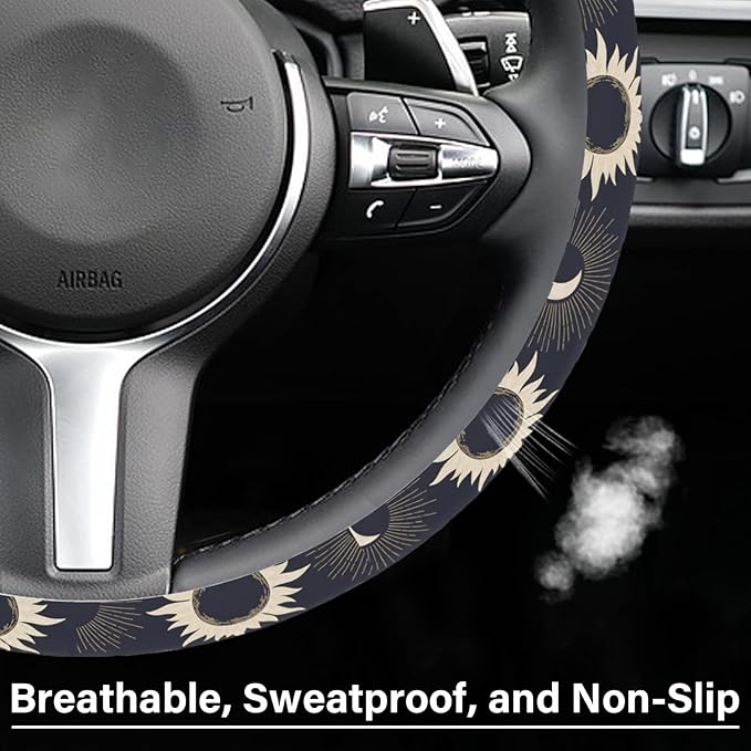 Sun Moon Steering Wheel Cover, Cute Print Elastic Steering Wheel Cover Protector, Ultra-Thin Skin-Friendly and Breathable, Car Accessories for Men, for Steering Wheel with a Diameter of 14.5"-15"