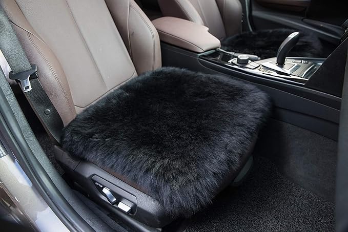 Winter Warmth: Universal Sheepskin Seat Cushion Cover - Natural Wool, for Cars, Trucks, SUVs & Vans - Cozy & Stylish Driving Companion Front Black