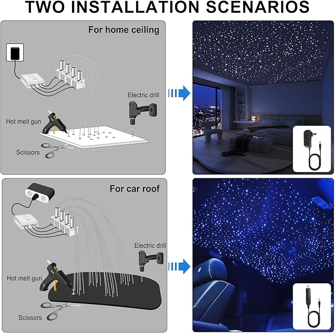 Split 4 Colors 12W Car Starlight Headliner Kit 800pcs*0.02in*9.8ft with APP&RF Remote,RGBW Fiber Optic Strands Star Roof Lights,4 Port Engine Sound Activated Star Ceiling Lights for Car/Home Decor