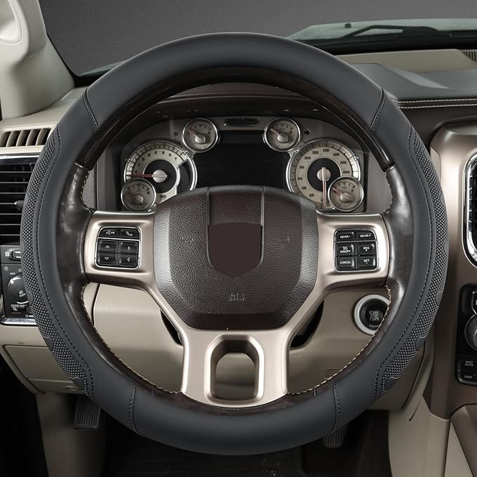 GIANT PANDA Car Steering Wheel Cover for RAM 1500 2500 3500, Compatible with Dodge RAM 15.5-16 inches - Black